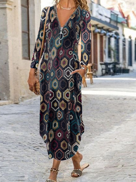 

Fashion Geo Print Zipper V-neck Maxi Dress Women, Dark blue, Maxi Dresses
