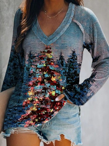 

Maniche Lunghe Scollo a V Stampato Casuale Top, Multicolore, T-Shirts