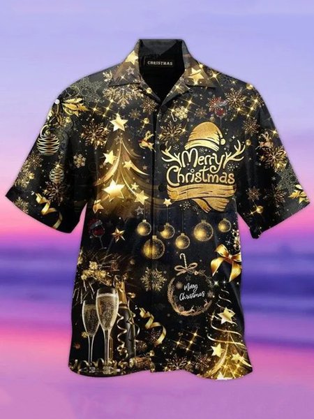 

Mens Merry Christmas Blingbling Casual Breathable Short Sleeve Shirts, Black, Men's Floral shirt