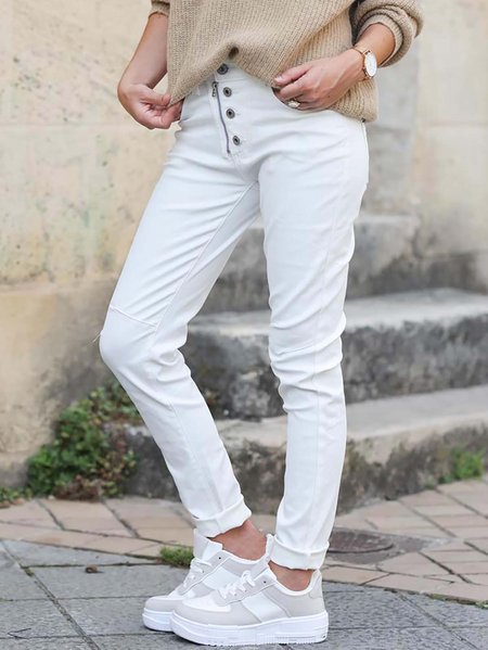 

Casual Zip Fly Buttons Slim Fit Solid Pants, White, Pants