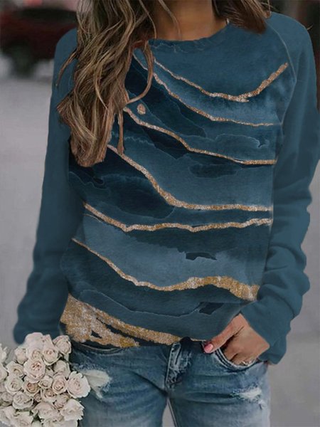 

Vintage Geometric Printed Long Sleeve Crew Neck Plus Size Casual Sweatshirts, Blue, Hoodies & Sweatshirts