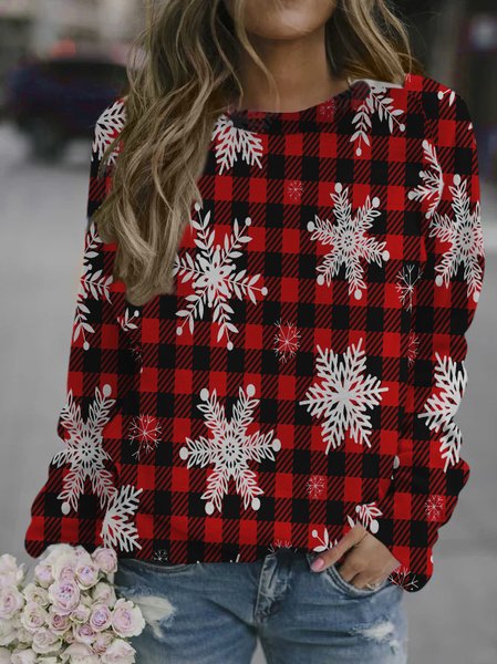 

Snowflakes On Buffalo Plaid Background Women's Crew Neck Casual Sweatshirt, As picture, Hoodies&Sweatshirts