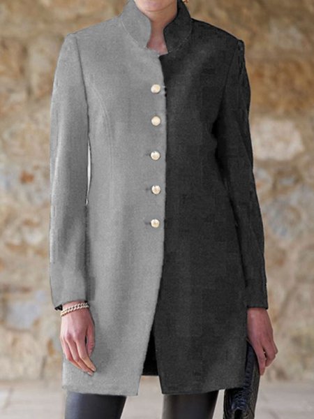 

Color Block Long-sleeved Stand Collar Casual Solid Coats, Black-grey, Outerwear