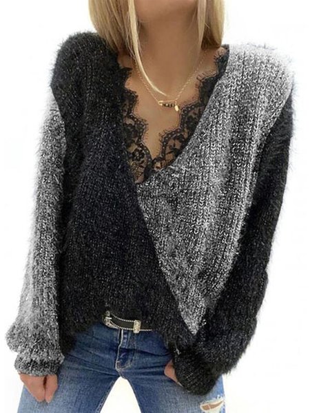 

Long Sleeve Solid V Neck Loosen Sweater, Black-grey, Pullovers