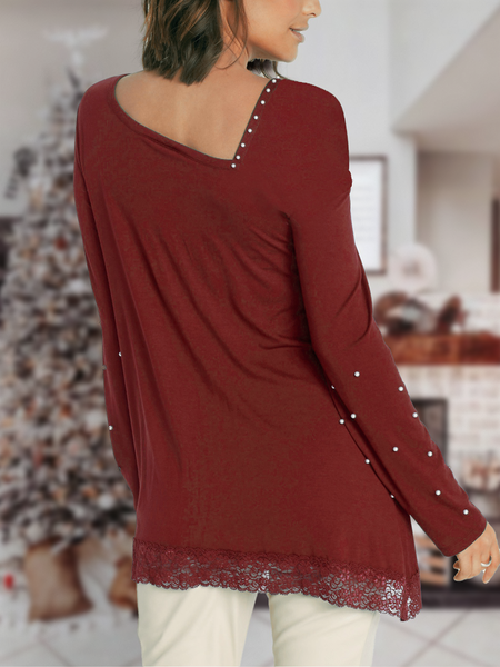 

Asymmetrical Neck Casual Solid Shirts & Tops, Red, Long sleeve tops