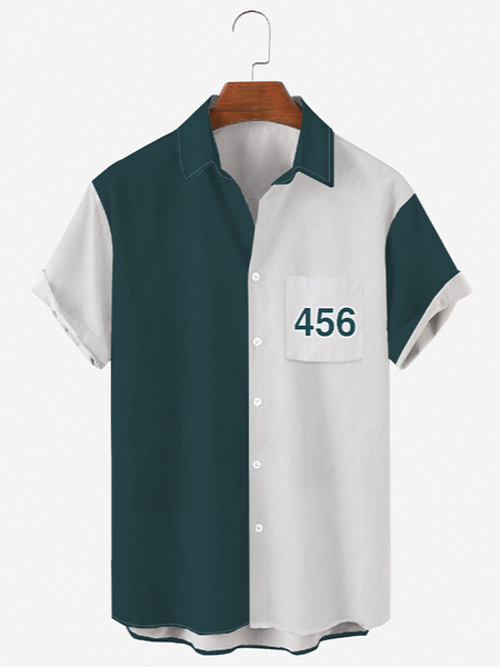 

Mens Squid Game No.456 Print Chest Pocket Round Hem Loose Short Sleeve Shirts, White, Shirts ＆ Blouse
