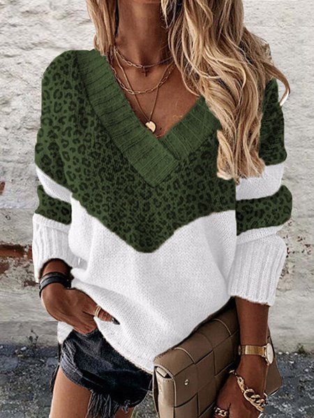 

Multicolore Cotone Moda Leopardo Maglione, Verde, Sweater