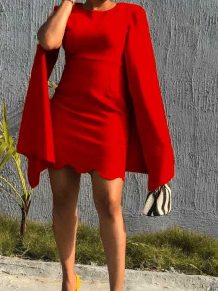 

Fall Crew Neck Elegant Plain Mid-weight Work Formal Date Dresses, Red, Mini Dresses