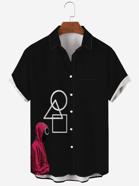 

Mens Squid Game Print Chest Pocket Round Hem Loose Short Sleeve Shirts, Black, Men's Floral shirt
