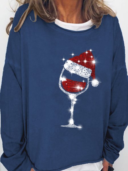 

Merry Christmas Wine Glass Cotton Blends Casual Sweatshirt, Dark blue, Hoodies&Sweatshirts