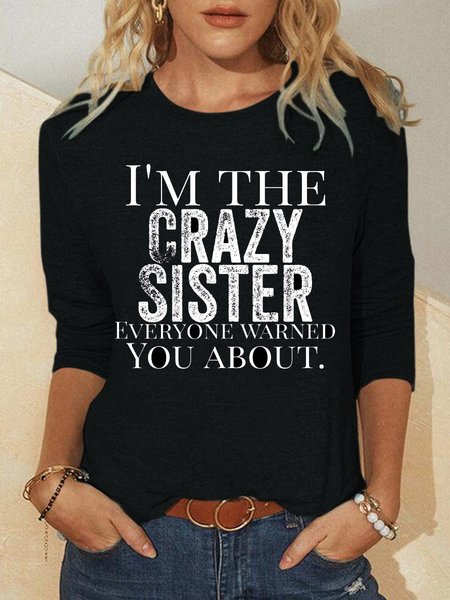 

Funny text print round neck long sleeve T-shirt, Black, Hoodies&Sweatshirts