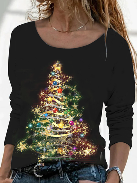 

Casual crew neck Christmas tree top t-shirt female, Black, Long sleeve tops
