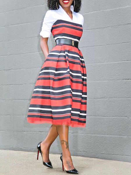 

Regular Fit Shirt Collar Elegant Midi Dress, Red, Midi Dresses