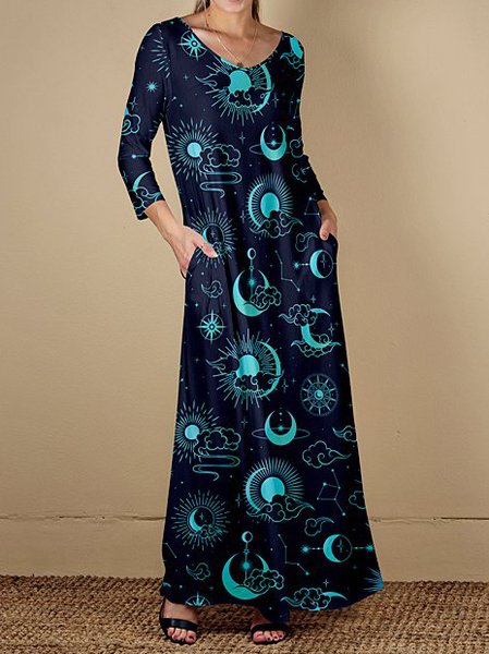 

Abstract Printed Three Quarter Vintage Swing Long Dresses, Dark blue, Maxi Dresses