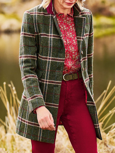

Vintage Checked/Plaid Woolen Closure Collar Casual Outerwear, Green, Coats