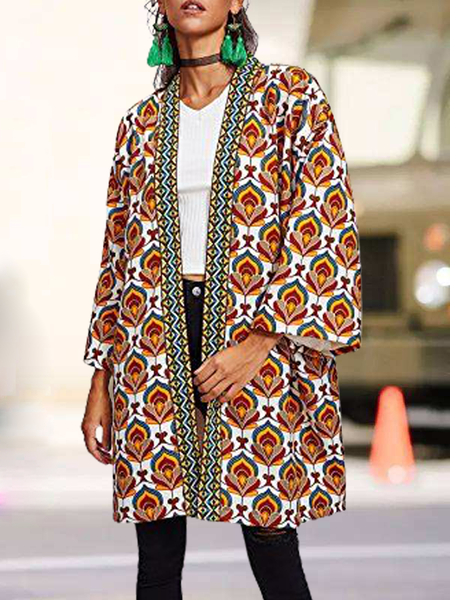 

Collarless Casual Tribal Outerwear Ethnic pattern cardigan jacket, Light orange, Coats