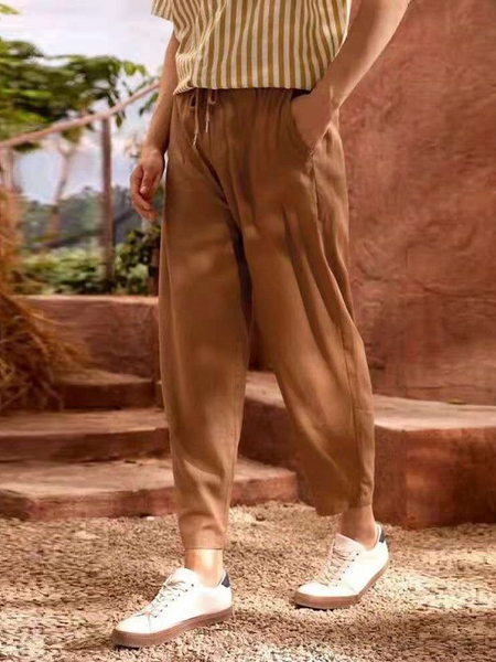 Cotton And Linen Casual Pants, Brown, Pants