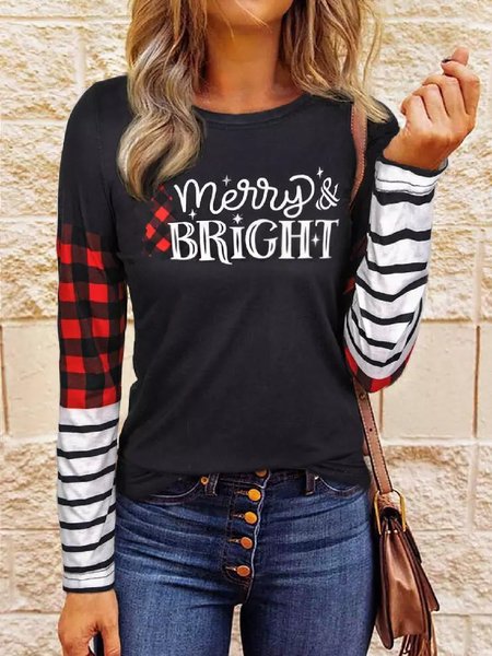

Christmas Crew Neck Casual Checked/Plaid T-shirt, As picture, T-Shirts