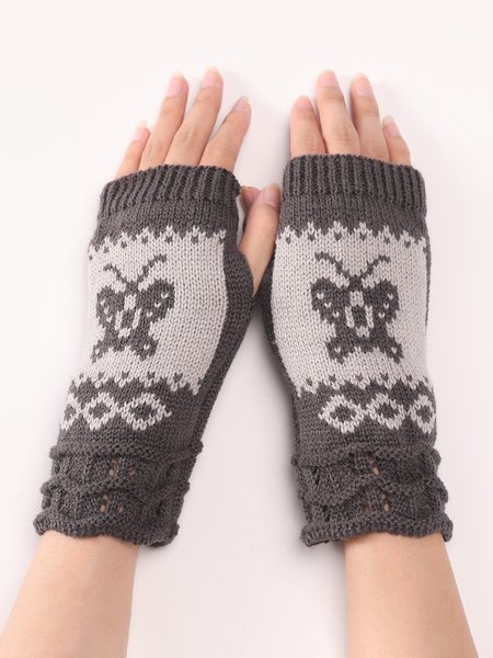 Casual Butterfly Fingerless Knitted Gloves, Deep gray, Women Gloves