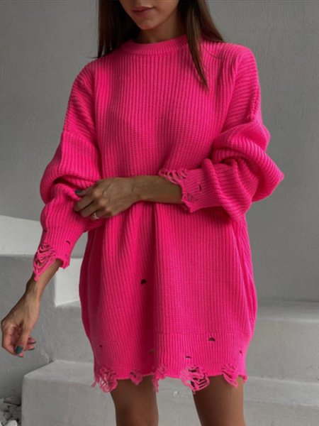 

Casual Crew Neck Long Sleeve Sweater, Rose red, Pullovers