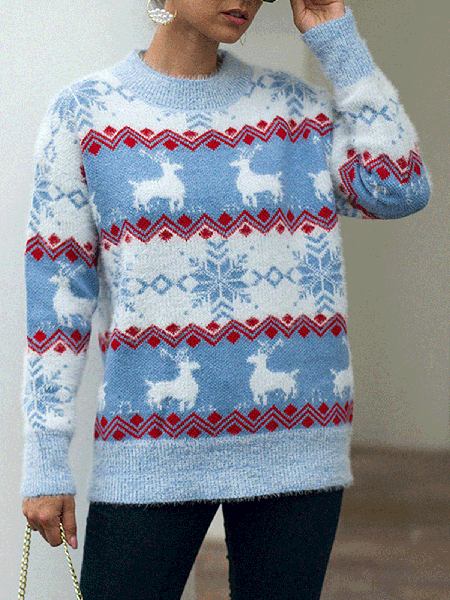 

Christmas Snowman Crew Neck Casual Sweater, Blue, Knitwear & Sweaters