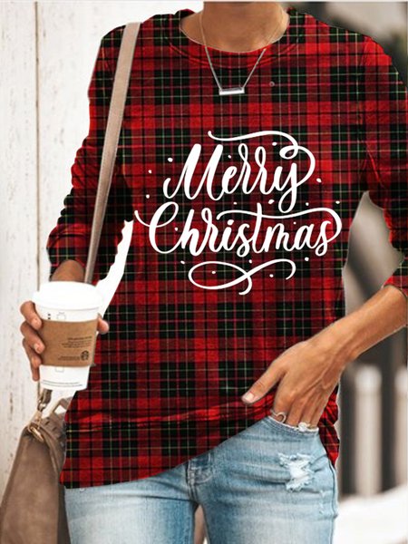 

Merry Christmas Snowflake Plaid Casual Crew Neck Sweatshirt, Red, Hoodies&Sweatshirts