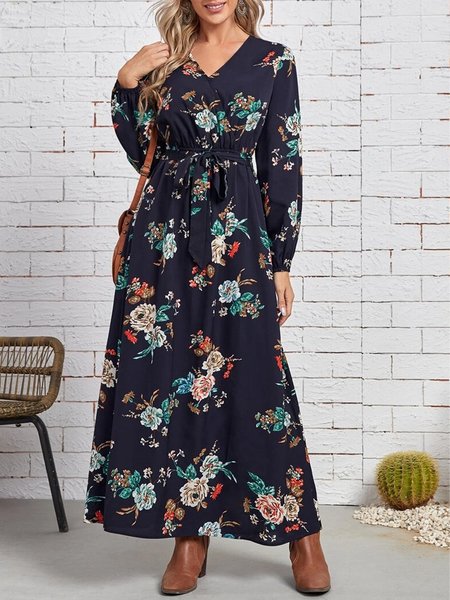 

Elegant V Neck Loosen Dresses, Navyblue, Floral Dresses