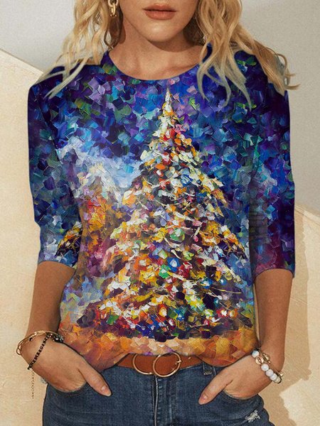 

Christmas tree print round neck long sleeve T-shirt, As picture, Hoodies&Sweatshirts