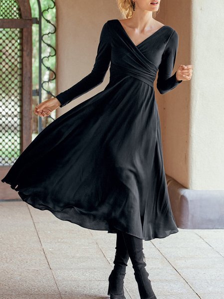 

Cotton V Neck Casual Dresses, Black, Midi Dresses