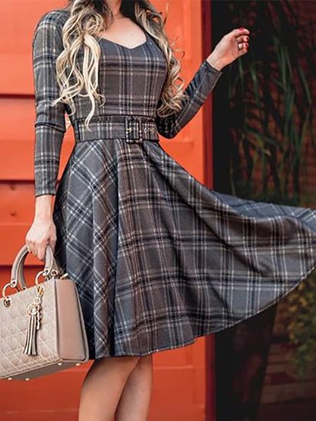 

Long Sleeve Regular Fit Lady Grid Mini Dress, As picture, Midi Dresses