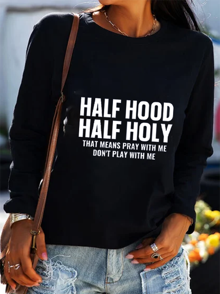 

HALF HOOD HALF HOLY Letter Regular Fit Casual Crew Neck Sweatshirt, Black, Hoodies & Sweatshirts