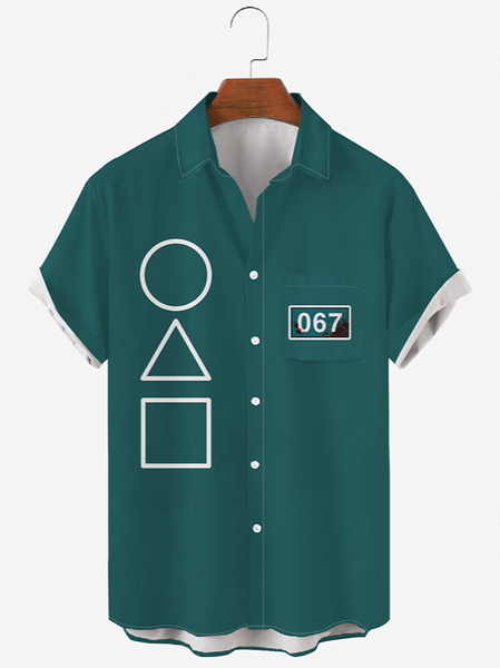 

Mens Squid Game No.456 Print Chest Pocket Round Hem Loose Short Sleeve Shirts, Green, Men's Floral shirt
