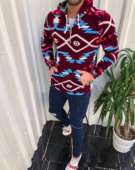 

Men's Folklore Pattern Casual Hooded Top, Wine red, Hoodies