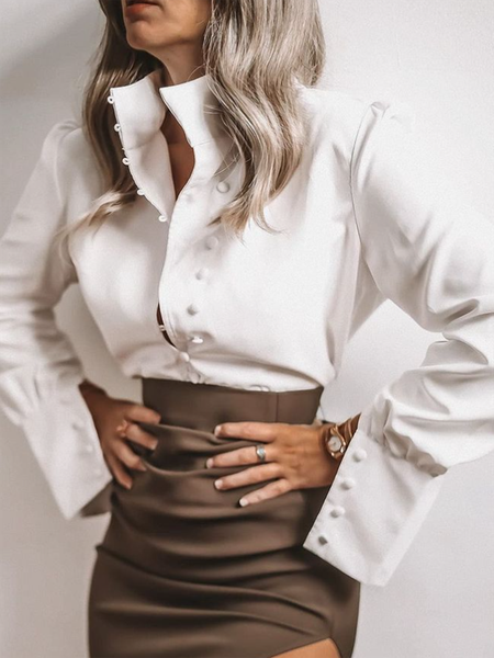 

Elegant Stand Collar Long sleeve Solid Shirt, White, Blouses and Shirts