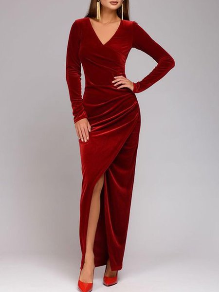 

Elegant V Neck Plain Maxi Dress, Red, Midi Dresses