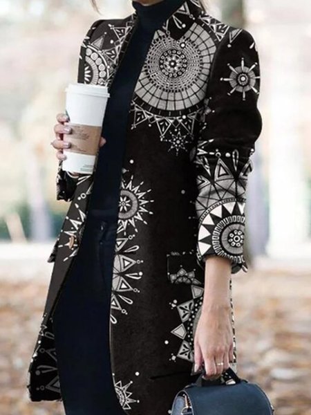 Lapel Elegant Printed Long Sleeve Outerwear, 12, Coats