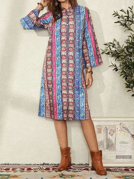 

Vintage Dresses Ethnic geometric pattern straight dress, Blue, Boho dresses