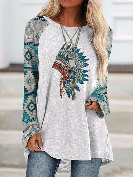 

Ethnic Tribal Printed Long Sleeves Cowboy Shirts & Tops, Light gray, Tops
