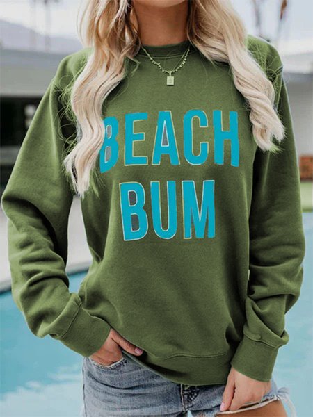 

Beach Bum Letters Printed Long Sleeve Crew Neck Plus Size Casual Sweatshirts, Green, Hoodies & Sweatshirts