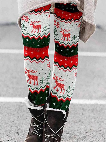 

Christmas Printed Skinny Elastic Waist Skinny Long Pants, Black, leggings