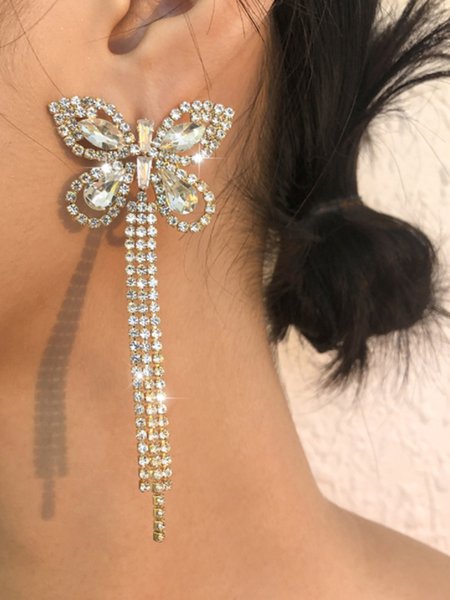 

Elegant Party Full Rhinestone Butterfly Tassel Earrings, Golden, Earrings