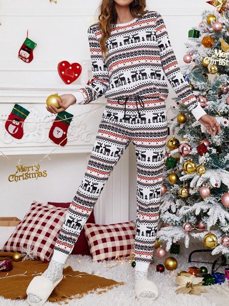 

Sweet Christmas Printed Crew Neck Draw String Suits, Black-white, Suit Set