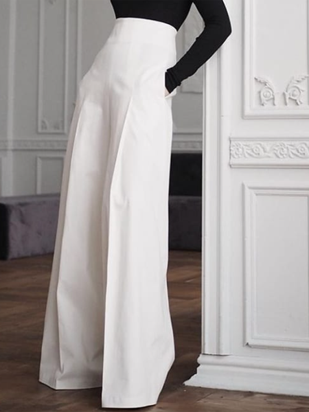 

Elegant Regular Fit Work Solid Pants, White, Wide Leg Pants