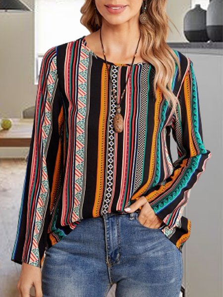 

Printed Loosen Crew Neck Shirts & Tops, Multicolor, Long sleeve tops
