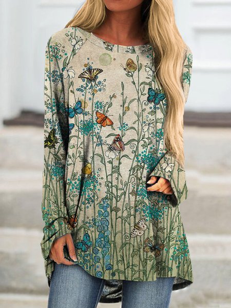 

Floral Loosen Vintage Shirts & Tops, Apricot, T-Shirts