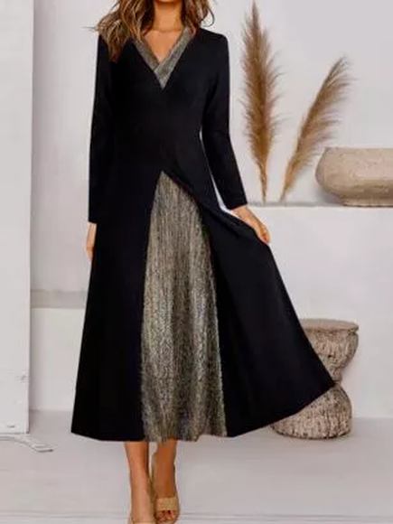 

Regular Fit V Neck Plain Long sleeve Maxi Dresses, Black, Maxi Dresses