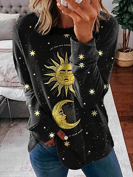 

Crew Neck Loosen Sun and Moon Sweatshirt, Black, Sweatshirts & Hoodies