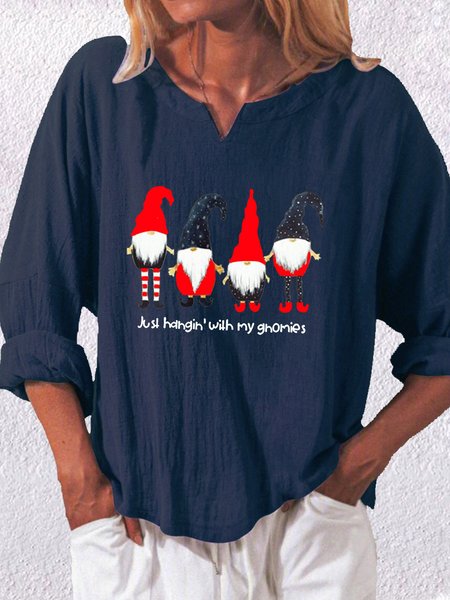 

V Neck Cotton Christmas Snowman Shirts & Tops, Purplish blue, T-Shirts