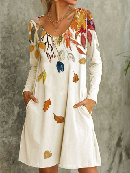 

Cotton Blends Crew Neck Leaves Knitting Dress, White, Floral Dresses