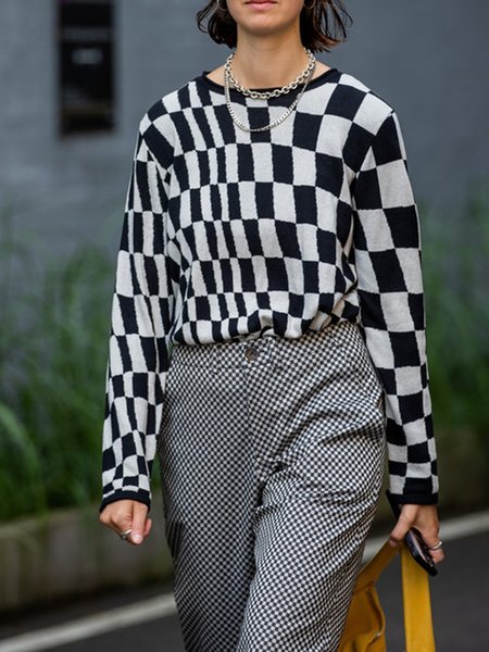 

Grid Crew Neck Long sleeve Sweater, Black-white, Pullovers